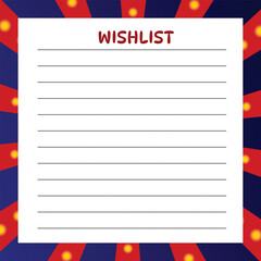 Wishlist page with circus theme, red blue yellow lights, festive note sheet, blank lines for wish items.