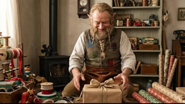 Senior man with a braided beard and pointed ears is meticulously tying a bow on a brown paper package, creating a special christmas present in a cozy, traditionally decorated workshop