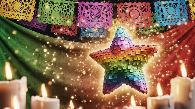 Las Posadas banner video, star pi&ntilde;ata centerpiece glowing brighter with soft halo, colorful papel picado in background
