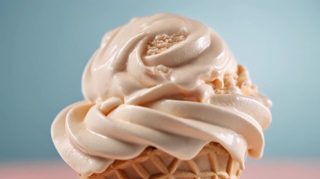 Close-up of a delicious, creamy soft-serve ice cream cone with a pastel blue and pink background