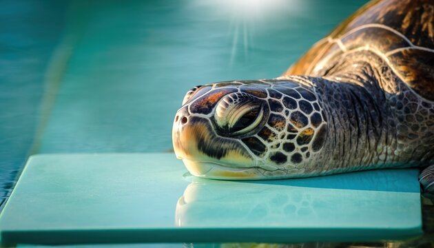 A serene sea turtle rests its head on a cool, turquoise surface, its textured shell catching the soft, warm sunlight, creating a peaceful underwater scene of tranquility.