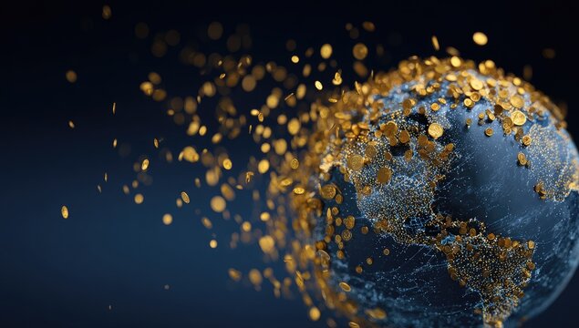 Digital rendering of a globe dissolving into golden coins on a dark blue background