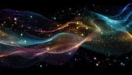 Abstract flowing waves of light and particles with vibrant colors over a dark background