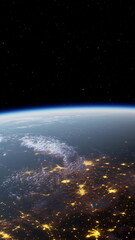 Fototapeta premium Earth, seen from space at night, displays illuminated cities and dark oceans, showcasing human activity against a cosmic backdrop.