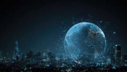 Glowing digital representation of Earth hovering over a blurred cityscape with connected nodes
