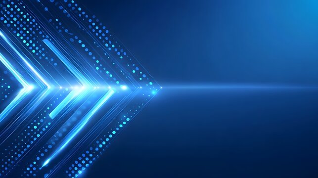 An abstract dynamic visualization of a futuristic blue digital arrow formed by glowing light streaks and dotted patterns conveying concepts of speed data transmission