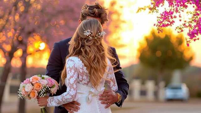 Wedding couple romantic kiss bride groom lace dress with bridal bouquet sunset light among spring blossoms, outdoor ceremony love and tender embrace