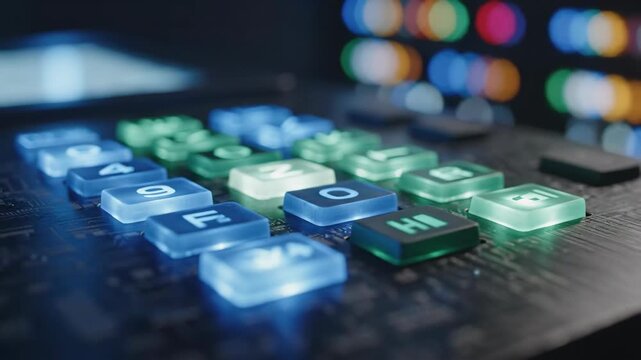 Close-up of illuminated keypad buttons with bokeh background, digital interface