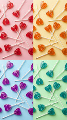 Heart-shaped lollipops in red, orange, purple and green on soft pastel backgrounds for Valentine's day design.
