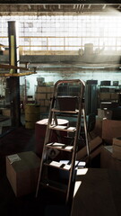 An interior shot of an old auto repair shop filled with numerous boxes and a ladder.