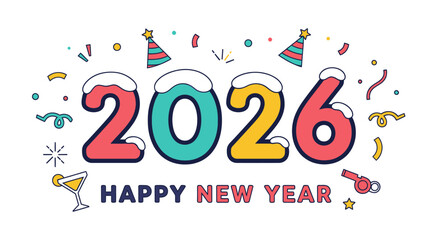 Colorful illustration of the year 2026 with celebratory elements and text, Happy New Year.