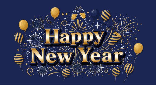 Festive New Year's greeting with gold lettering, balloons, champagne glasses, fireworks, and confetti against a dark blue background.