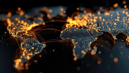 Glowing points and lines depict global connections, cities linked across the dark world