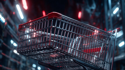 Close up of a metal shopping cart with red accents against a blurred light background