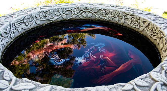 Reflections in a decorative stone bird bath creating an abstract art image outdoors