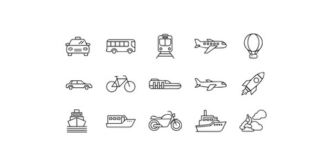 Outline Vector Icons of Car, Bicycle, and Location Services.