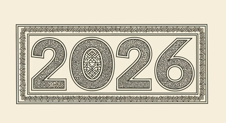 The year 2026 is depicted in a decorative, textured style, framed with an ornamental border, suggesting a celebratory or commemorative theme.