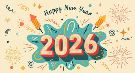 Festive illustration celebrating the new year with fireworks, rockets, and the year 2026.