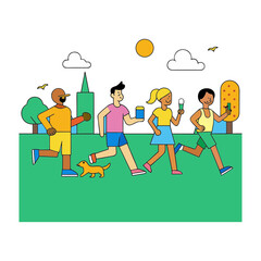 Diverse group of people and a dog enjoying a sunny day in the park isolated on white background