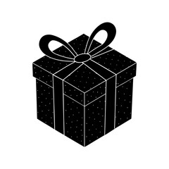 Stylized black gift box with white polka dots and ribbon isolated on white background