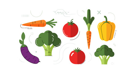 A colorful collection of stylized vegetables in a modern flat design, featuring carrots, broccoli, tomatoes, eggplant, and bell pepper on a white background.