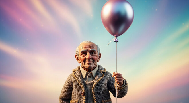 A gentle elderly man with a cheerful smile holding a single purple balloon against a dreamy, colorful pastel sky, symbolizing hope and celebration