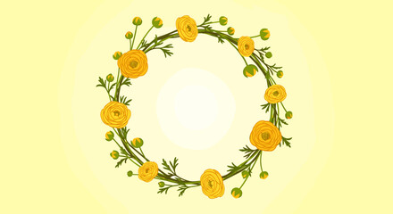 A vibrant floral wreath featuring delicate yellow ranunculus flowers and green foliage, perfect for spring and summer designs on a soft gradient background.