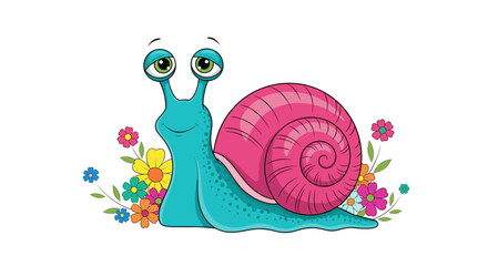 A cheerful cartoon snail with a blue body and a vibrant pink shell smiles amidst a colorful bed of flowers, showcasing a joyful garden scene.