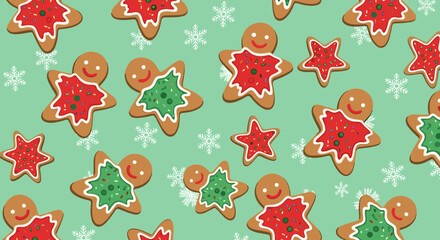 A cheerful seamless pattern of gingerbread men and star cookies with red and green frosting, sprinkles, and snowflakes on a light green background.
