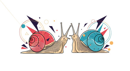 Two stylized snails with vibrant red and blue shells face each other, surrounded by abstract geometric shapes and lines, on a white background.