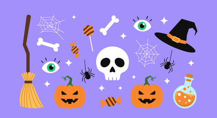 Vibrant cartoon illustrations featuring various Halloween elements like jack-o'-lanterns, a witch's hat, spiderwebs, and a potion bottle against a purple background.