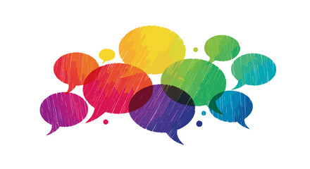 A vibrant collection of overlapping, hand-drawn speech bubbles in a rainbow spectrum, symbolizing dynamic communication and the exchange of ideas.