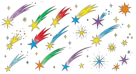 A vibrant collection of hand-drawn stars and shooting stars in various colors and styles, creating a whimsical celestial pattern.