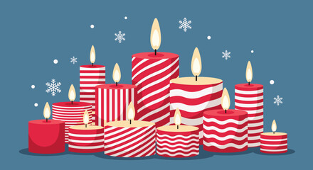 A festive collection of various red and white striped candles with burning flames, scattered snowflakes, and a cool blue background, symbolizing winter holidays.