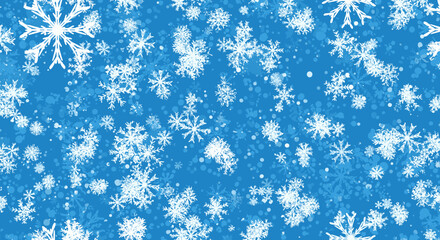 A vibrant blue background is adorned with numerous falling white snowflakes of varying sizes and levels of focus, capturing the essence of winter.
