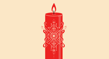 A vibrant red candle with a detailed, glowing flame and intricate white-on-red pattern symbolizing warmth and modern design.