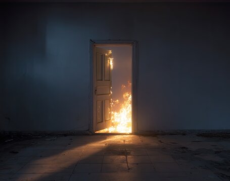 Interior room with an open doorway leading to a fiery inferno. Smoke and light emanate outward