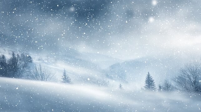 Beautiful snow-covered winter landscape with falling snowflakes, blurred trees and hills draped in white snow, evoking a serene, magical and peaceful cold season atmosphere.