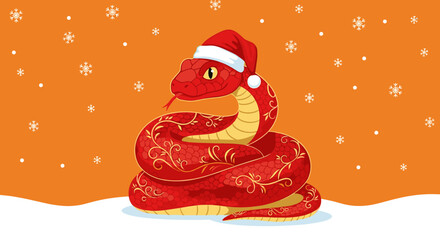 A charming red snake, adorned with golden patterns and a festive Santa hat, rests on snow with an orange background and falling snowflakes.