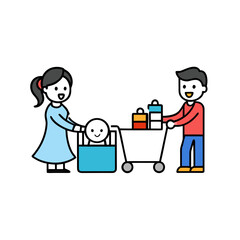 Family shopping together with a child in a cart and groceries isolated on white background