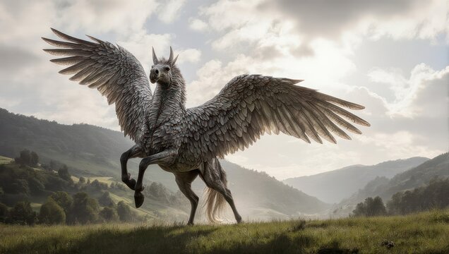 Majestic Hippogriff Spreading Wings in a Grassy Field.