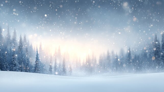 Beautiful snow-covered winter landscape with falling snowflakes, blurred trees and hills draped in white snow, evoking a serene, magical and peaceful cold season atmosphere.