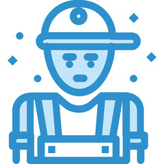Blue Icon of a Worker or Construction Person Wearing a Hat and Overalls with a Transparent Background and Sparkling Details