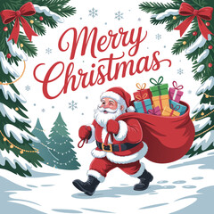 Merry Christmas greeting card illustration with Santa Claus, gold decoration, snow, and a new year celebration border design © Naima