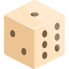 A single light brown die with dark brown dots rests on a transparent background illustrating a game of chance or luck with its numbered sides clearly visible