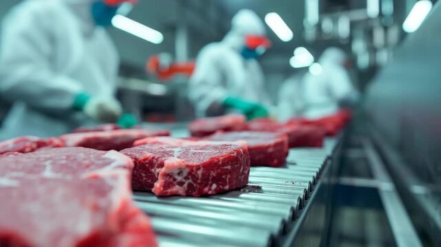 Food Factory Processing Raw Beef on Automated Conveyor