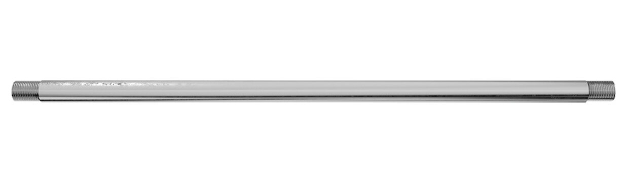isolated tubular double screw component. metal coupling rod with external threading on both ends for mechanical tensioning and fastening.