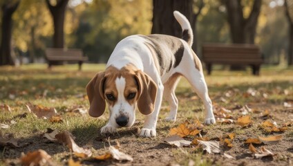 Cute Beagle Dog Sniffing Ground in Autumn Park with Fallen Leaves.
