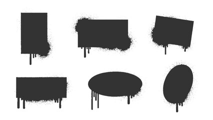 Spray paint graffiti stencil frames. Black airbrushing paint banner, stenciling backdrop and spray paint texture borders. Torn spray paint frames and grunge callouts featuring jagged edges, rectangle.