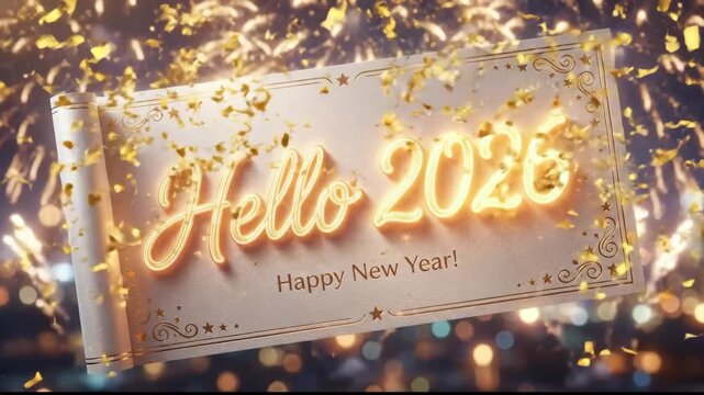 Greeting card with hello 2026 and happy new year! text illuminating against a vibrant backdrop of sparkling fireworks and soft city lights, symbolizing celebrations and new beginnings